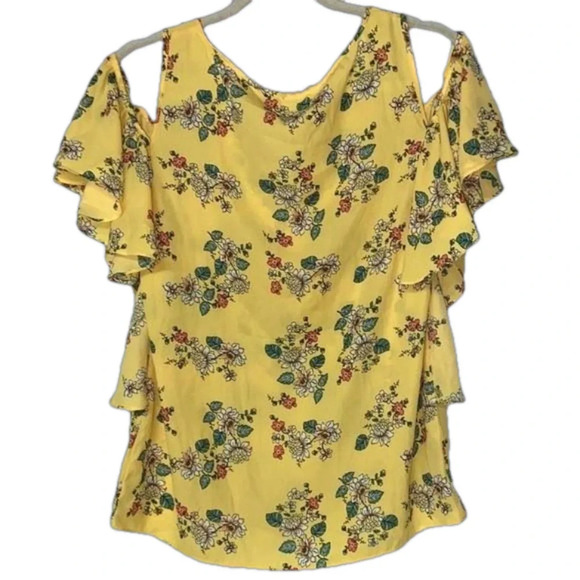 NWT floral print top Max Studio ruffle sleeve bright yellow top spring summer - Picture 5 of 9